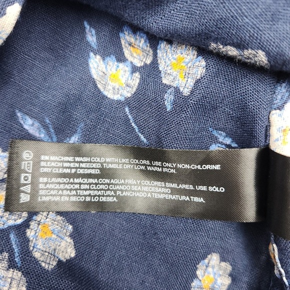 Denim & Flower Linen Shirt Sz L Short Sleeve Blue Floral Button Down Vacation - Picture 7 of 7